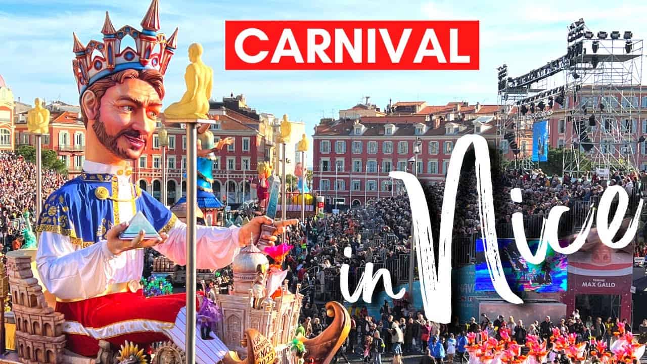 Colorful carnival parade in Nice with giant puppets and vibrant floats during the 2026 event.